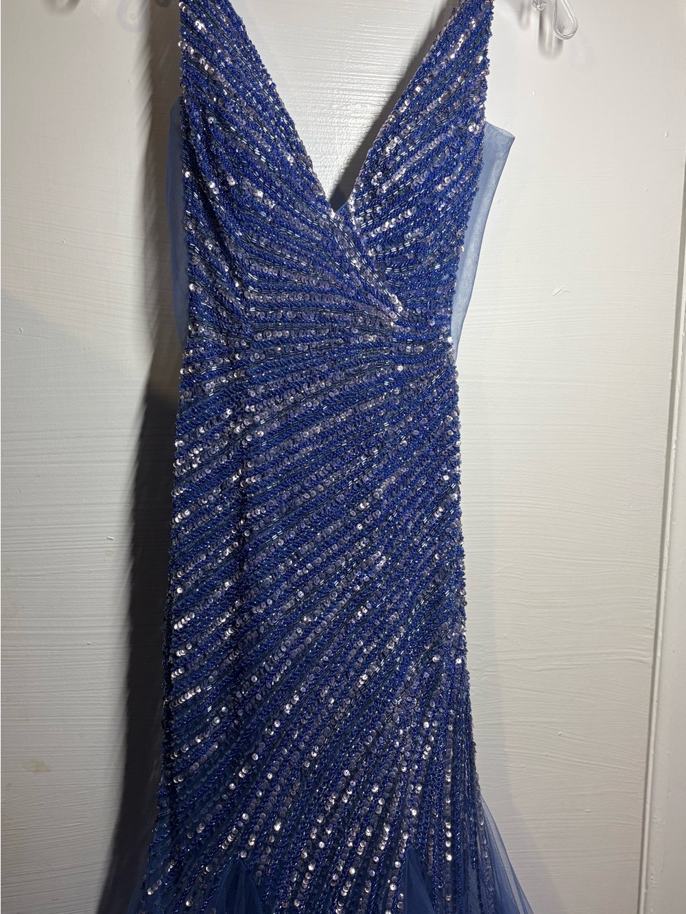Blue Sequin V-Neck Prom Dress